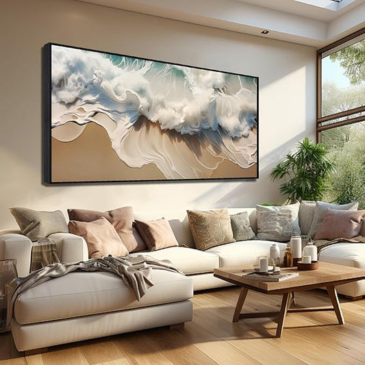 Ocean Waves Canvas Wall Art with Black Frame, Beach Scenery View Home Decor Picture, Sea Waves Canvas Wall-Decoration for Living Room, Seaside Scene Large Decorative Print Artwork for Bedroom 59"x29"