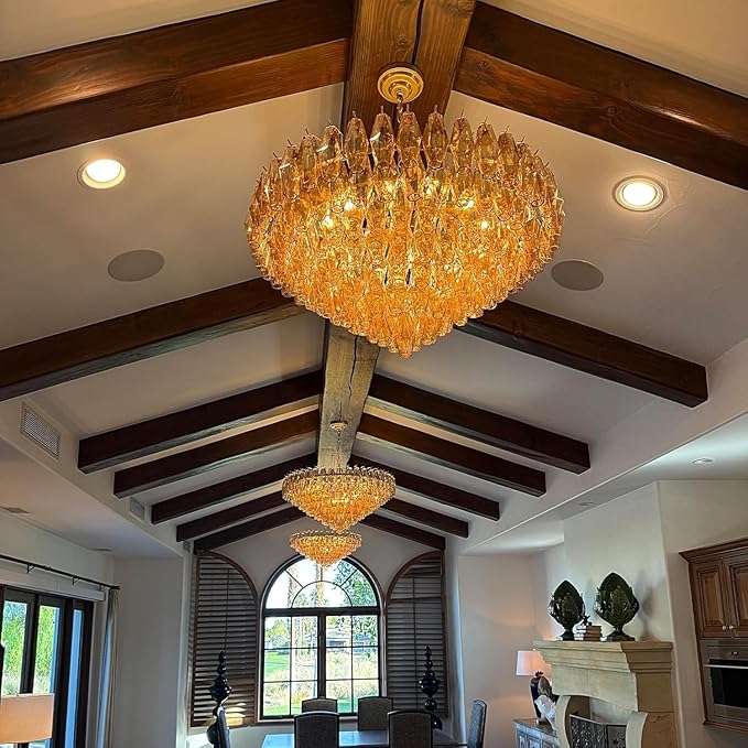 37" Extra Large Chandelier, 14-Light Gold Modern Round Chandelier for Living Room, Tiered Smoke Blown Glass Brass Chandeliers, Hanging Light Fixture for Bedroom, Dining Room, Foyer, Entryway