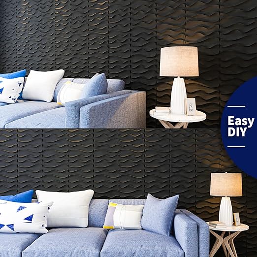 Art3dwallpanels 33 Pack 3D Wall Panels - Elegant Wave Textured Accent Wall Tiles, PVC Modern Wallpaper for Interior Décor, Black