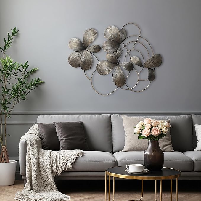 LuxenHome Metal Art Wall Decor, 42" Wide Dark Gray Abstract Metal Floral Accent Decor, Horizontal Wall Art Iron Artwork, Hanging Sculptures for Home, Living Room, Bedroom, Kitchen, Office