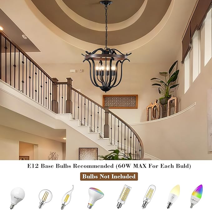 20" Large Farmhouse Chandelier for High Ceiling, 6 Light Vintage Cage Pendant Light Fixture Black Chandeliers for Living Room Staircase Entryway Kitchen