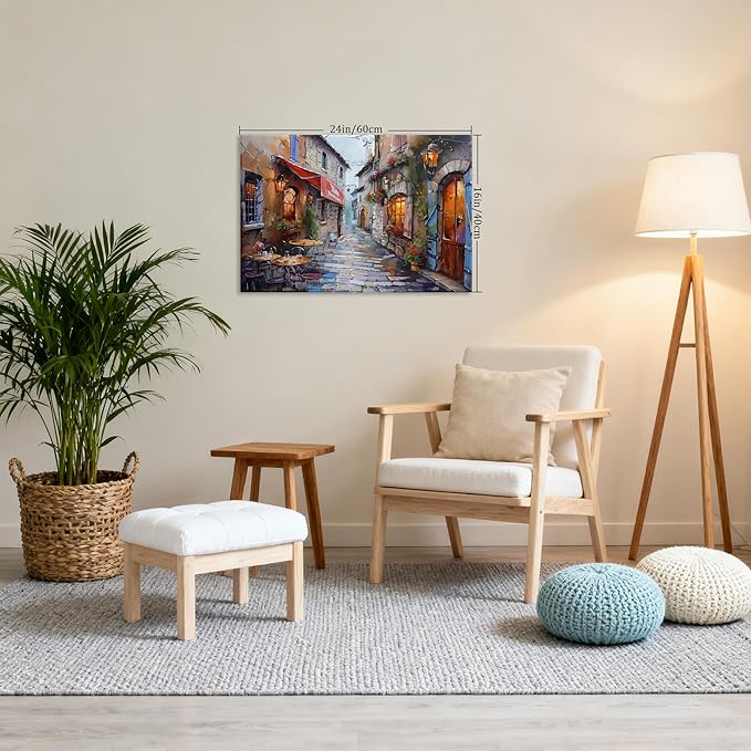 Modern Framed Street View Wall Art European Coffee Shop Canvas Print, Contemporary City Scene Painting, Vintage Cafe Artwork for Kitchen Dining Room Living Room, Bedroom Home Decor, Multi Size (Street 01, 24L"×16W")