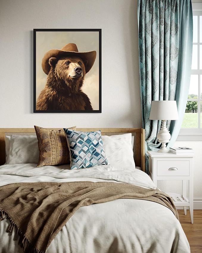 Brown Bear Cowboy Art Print Poster Wall Art, Western Country Farmhouse Wild West for Bedroom, Bathroom, Living Room Art Decor 58 (Brown Bear, 11 x 14 inches, Black Frame)