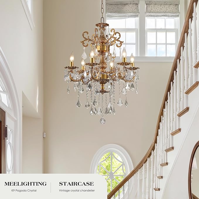 Luxury Antique Bronze Crystal Chandeliers with Candle Pendant Ceiling Light Fixture - 6 Lights Gold Crystal Chandelier for Dining Room, Living Room, Kitchen, Bedroom - D23 inch