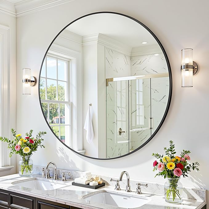 Antok Wall Mirror, 30"x30" Bathroom Vanity Mirror, Anti-Rust HD Tempered Glass, Wall Mounted Mirrors for Living Room, Entryway, Black Frame, Round