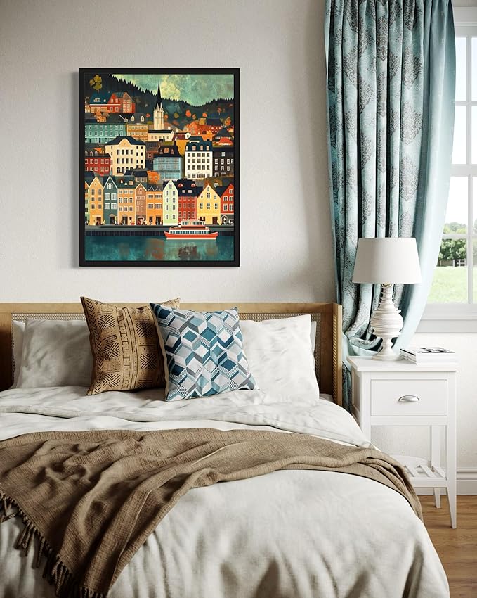 Bergen Norway Wall Art Poster Print, Vintage Retro Landscape Scenery Painting Artwork Travel Prints Decor Cityscape Landmarks Gallery 27 (Bergen Norway, 18 x 24 inches, Unframed)