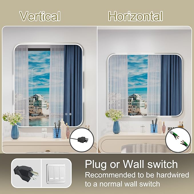 30x36 Inch Silver LED Bathroom Mirror with Lights, Adjustable 3000K/4500K/6000K, Lighted Bathroom Vanity Mirrors, Wall Mounted, Memory Stepless Dimmable, Anti-Fog, Horizontal/Vertical