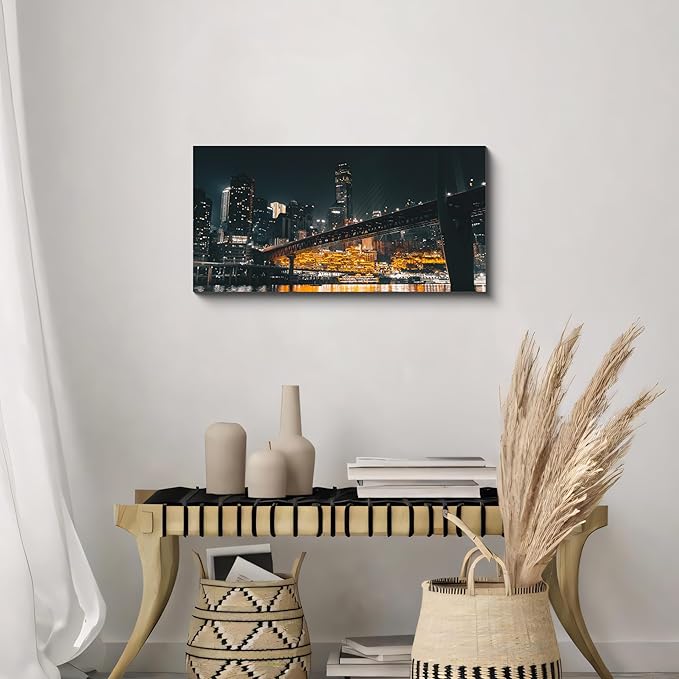 NAN Wind 1PCS Chongqing City Nightscape Canvas Wall Art Illuminated Chinese Skyline with Bridge Skyscrapers Modern Urban Landscape Photography Print for Living Room Office Bedroom Decor