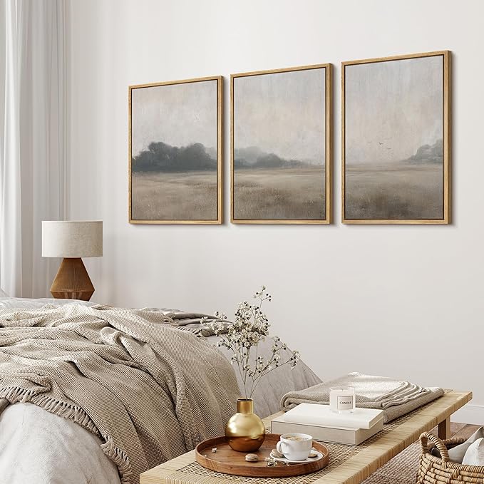 MUDECOR Framed Wall Art Print Set Serene MeadowTranquil Landscape with Foggy Fields and Distant Trees Illustrations Realism Decorative for Living Room, Bedroom, Office - 16"x24"x3 Natural