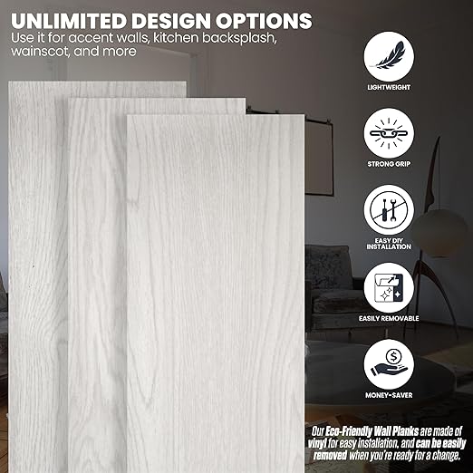 Accent Wall Planks, Peel and Stick, Accent Wall in a Box, Strong Adhesive, Light Weight, Removable, Easy DIY Install, Beautiful Accent Wall, Wainscot, Backsplash (White Washed Oak)