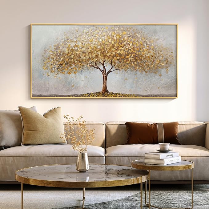 Large Framed Tree of Life Gold Wall Art, Modern Canvas Prints Paintings Artwork for Walls, Luxury Golden Big Tree Pictures for Bedroom Dining Room Fireplace Office Living Room Wall Decor