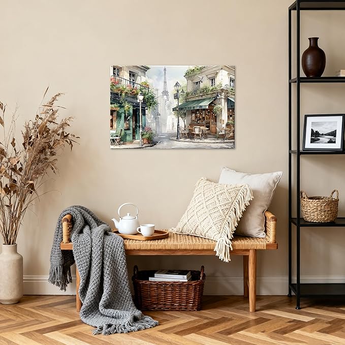 Modern Framed Street View Wall Art European Coffee Shop Canvas Print, Contemporary City Scene Painting, Vintage Cafe Artwork for Kitchen Dining Room Living Room, Bedroom Home Decor, Multi Size