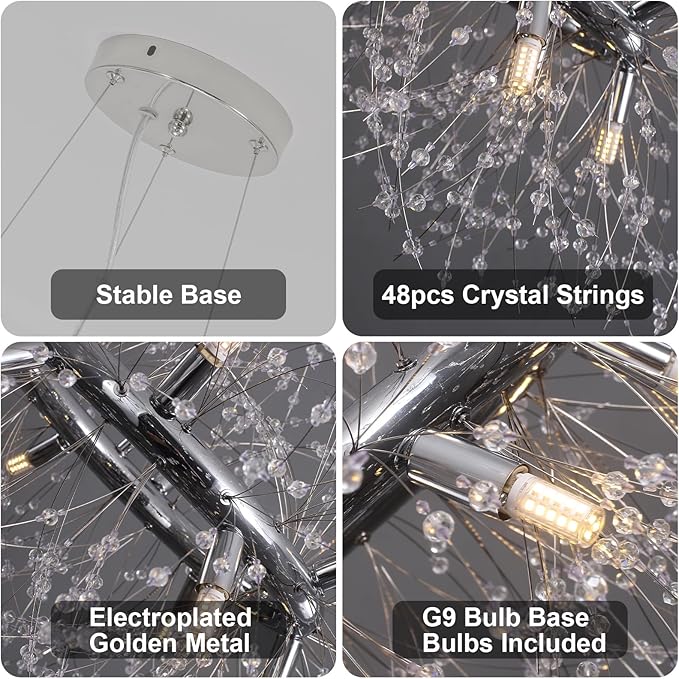 Modern Crystal Dandelion Chandelier, 12-Light (Bulb Included) Chrome Firework Dining Room Light Fixtures, Round Hanging Pendant Light for Hight Ceiling, Living Room, Entryway, Staircase, Foyer