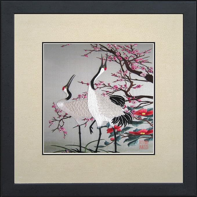 100% Handmade Embroidery Framed Red Crowned Japanese Cranes & Cherry Blossoms Oriental Wall Hanging Art Asian Decoration Tapestry Artwork Picture Gifts 31074WFB1