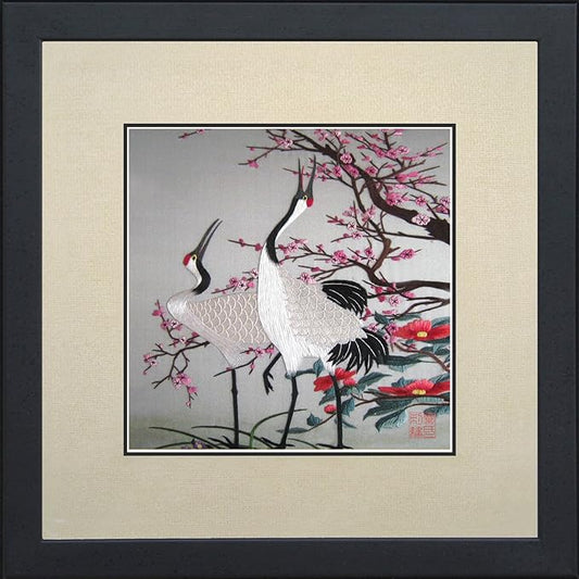 100% Handmade Embroidery Framed Red Crowned Japanese Cranes & Cherry Blossoms Oriental Wall Hanging Art Asian Decoration Tapestry Artwork Picture Gifts 31074WFB1