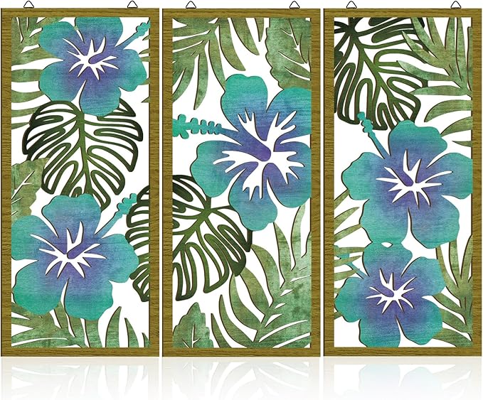 3 Pcs Tropical Wall Decor 3d Wooden Palm Leaf Wall Art Monstera Sculptures Wood Hibiscus Flowers Hanging Decor Vintage Plant Plaque for Home Bathroom 7.09 x 15.75 Inch(Fresh Style)