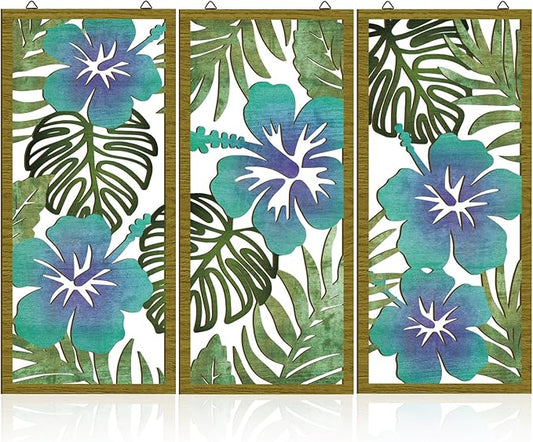 3 Pcs Tropical Wall Decor 3d Wooden Palm Leaf Wall Art Monstera Sculptures Wood Hibiscus Flowers Hanging Decor Vintage Plant Plaque for Home Bathroom 7.09 x 15.75 Inch(Fresh Style)