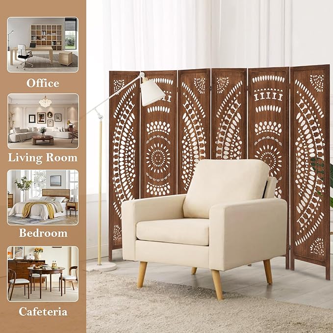 Boho 6 Panel Room Divider, Room Dividers and Folding Privacy Screens, Modern Room Partition, 67" Room Divider Wall, Privacy Dividers for Rooms, Bedroom, Office, Dark Brown