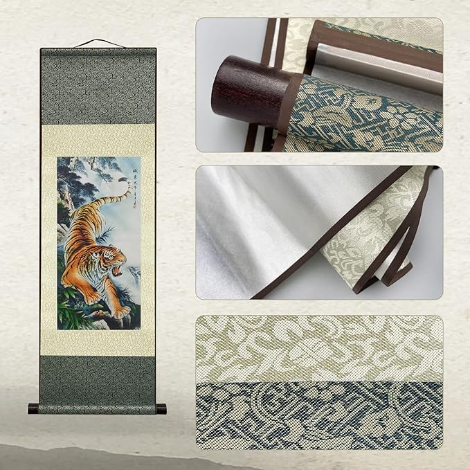 AtfArt Asian Wall Decor - Beautiful Silk Painting Animal - Tiger King Deterrence - Oriental Decor Chinese Art Wall Scroll (36.2 x 12 in)