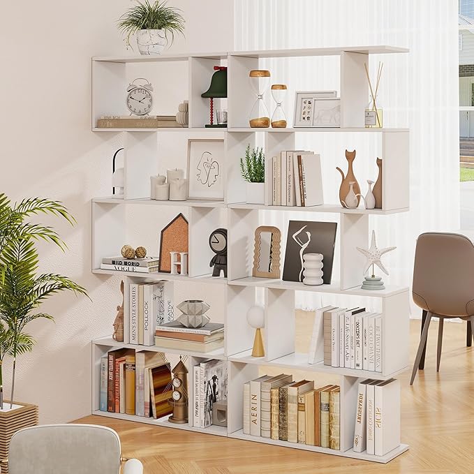 5 Tier Geometric Bookcase, S Shaped Bookshelf, Modern Decorative Storage Shelving, Wooden Room Divider Bookcase, 62.5" Tall Staggered Display Book Shelf for Living Room (2, White)
