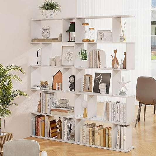 5 Tier Geometric Bookcase, S Shaped Bookshelf, Modern Decorative Storage Shelving, Wooden Room Divider Bookcase, 62.5" Tall Staggered Display Book Shelf for Living Room (2, White)