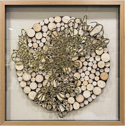 BrightA 3D Textured Wood Block Wall Art - Hand-Assembled Timber Base with Golden Vine Metal Accents, Tempered Glass & Solid Wood Frame Contemporary Decorfor Living Room Office 31.5"x31.5"