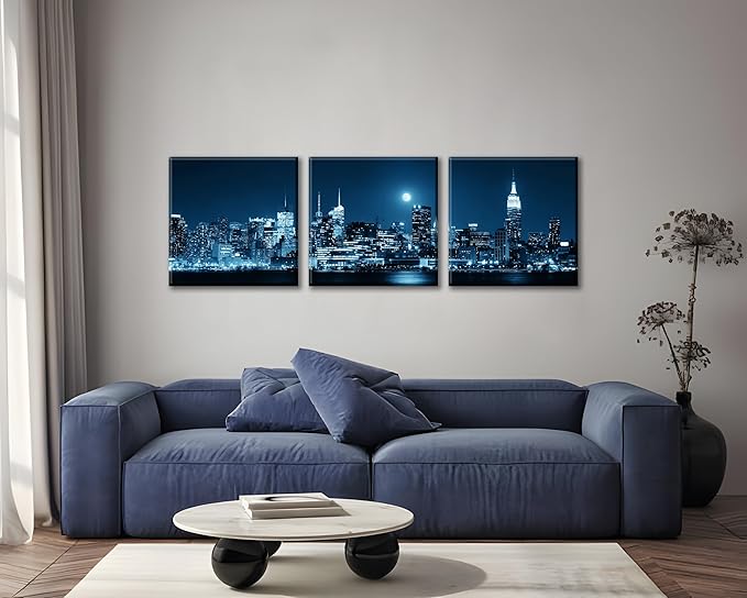 NAN Wind 3-Piece Modern Manhattan Night Skyline Canvas Art Blue Moon Urban Cityscape Wall Decor Contemporary NYC-Inspired Night View Panoramic Prints Framed City Canvas Set for Home Office Living Room