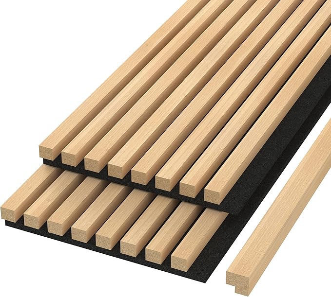 Modern 94” L x 11.25” W Acoustic Slat Wall Panels with End Cap – Wood Sound-Dampening Wall Treatment for Home, Office & Studio – 2-Piece Decorative Noise-Reducing Wall Panel Set (Oak)