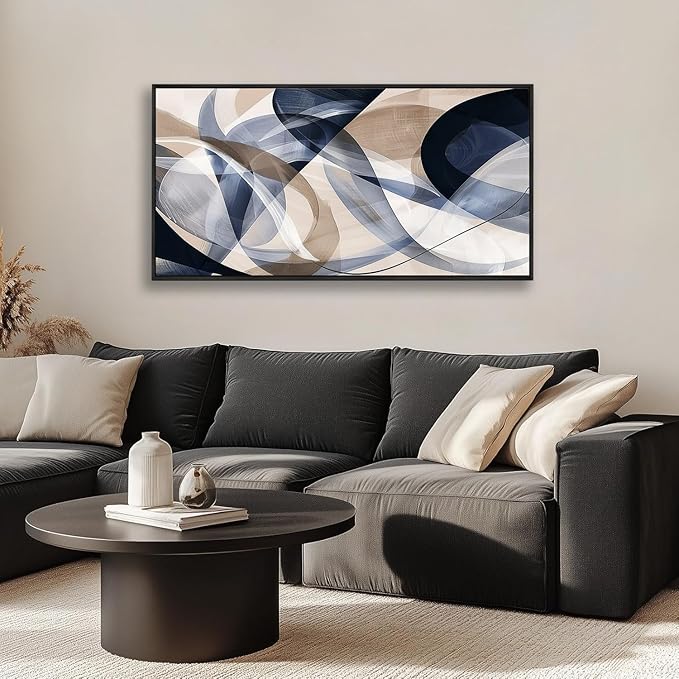 Modern Geometric Abstract Canvas Wall Art 40 x 20 inches Navy Blue and Beige Tones Canvas Painting Framed Home Artwork Living Room Decor for Bedroom Office Wall Decor