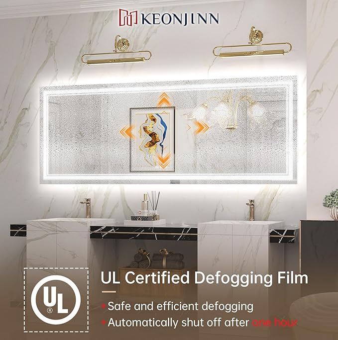 Keonjinn LED Bathroom Mirror 84" x 32" with Frontlit and Back Light, Large Tempered Glass Stepless 3 Colors Temperature & Dimmable Wall Mirror, UL Listed LED Driver, Double LED Strips, Anti-Fog Mirror