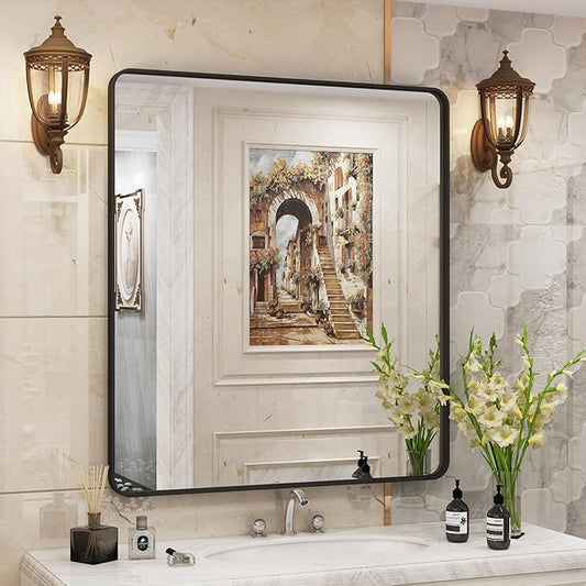 32x36 Inch Black Metal Framed Bathrrom Mirror for Wall, Black Rounded Rectangle Mirror, Matte Black Bathroom Vanity Mirror, Anti-Rust, Tempered Glass, Hangs Horizontally or Vertically