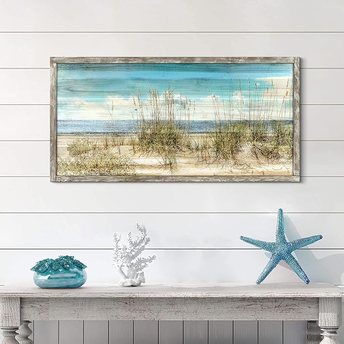 Ocean Framed Wooden Wall Art: Coastal Theme Painting Style Artwork 40"x20" Beach Art Prints Coastal Pictures Seaside Wall Decor for Living Room