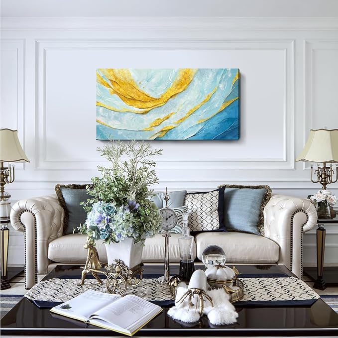Nicetop Modern Large Abstract Wall Art – Blue and Yellow Flowing Lines Canvas Prints Contemporary Coastal Artwork Horizontal Decorative Wall Picture for Living Room Bedroom Home Office Decor 48x24 Inch