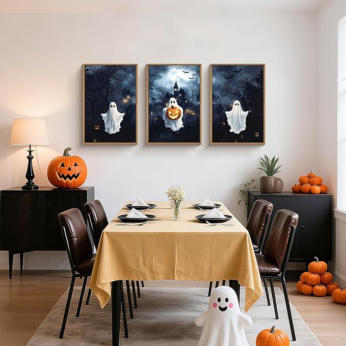Large Spooky Halloween Framed Canvas Wall Art,Funny Ghost and Pumpkin Wall Decor,Eerie Night Castle Scene Artwork,Dark Bat and Full Moon Art Print for Living Room,Bedroom,Office- 24"x36"x3