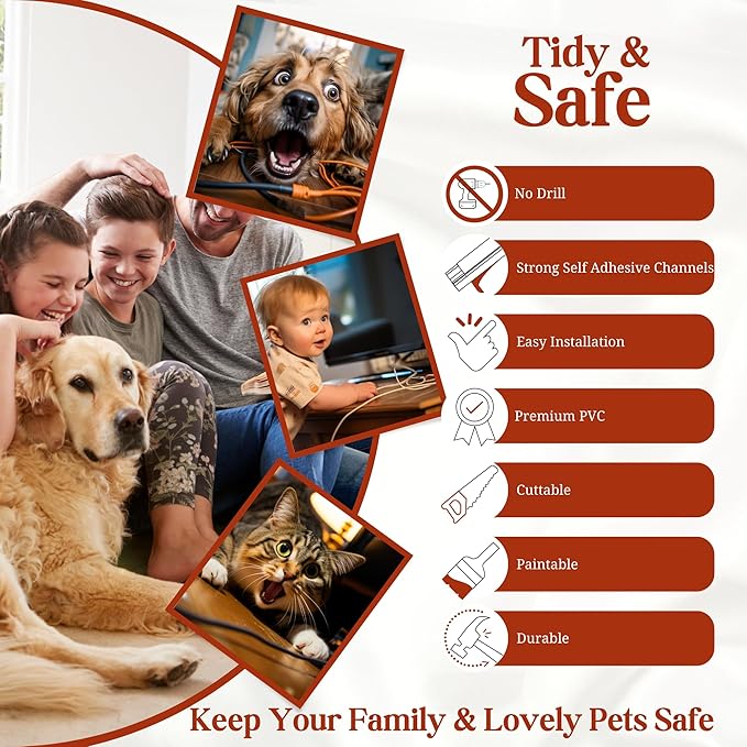 Brown Cable Cover Cord Concealer - 315in Wire Raceway, Hide Cables, Channel Kit, Wall Mount Cover, Hiding Strip, Management, Conduit, Molding