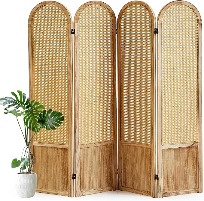 4 Panel Room Divider and Folding Privacy Screen, 5.6 Ft Foldable Double Hinged Rattan Partition, Hand-Woven Rattan Room Divider Portable Wood Freestanding Wall Divider for Room Separation - Natural