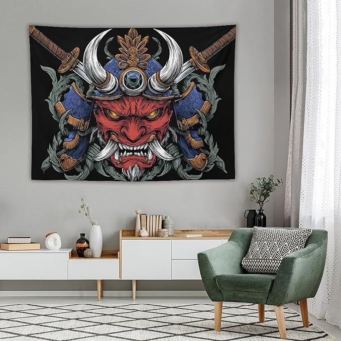 UUKXKUU Oriental Retro Mask Symmetry Samurai Tapestry Flag Backdrop Wall Hanging Large Wall Art Decor for Dorm Office Bedroom Living Room 60"×80"