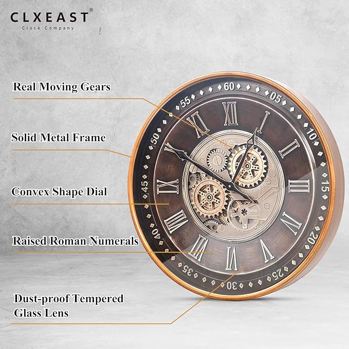 CLXEAST 24 Inch Wall Clock with Moving Gears,Oversized Large Industrial Steampunk Clock, Antique Gold Metal Roman Numeral Wall Clocks for Farmhouse Living Room Decor