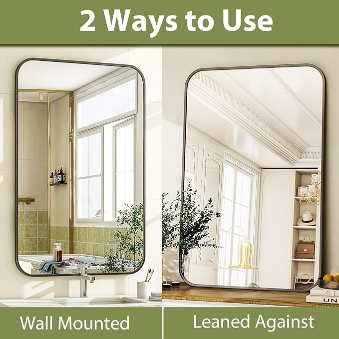 26 x 38 Inch Bathroom Mirror, Rounded Rectangular Vanity Mirror for Wall, Modern Mirror for Room Decor, Black Framed Wall-Mounted Mirrors for Home Decor, Hangs Horizontally or Vertically