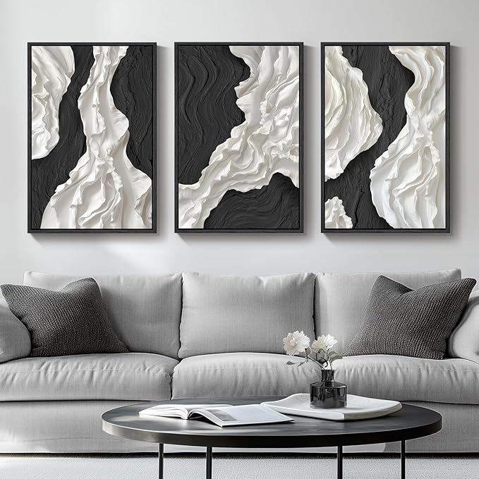 Large Framed Black and White Abstract Wall Art, 3 Piece Modern Canvas Prints Paintings Artwork for Walls, Minimalist Black White Wall Pictures for Living Room, Dining Room, Bedroom, Office Wall Decor
