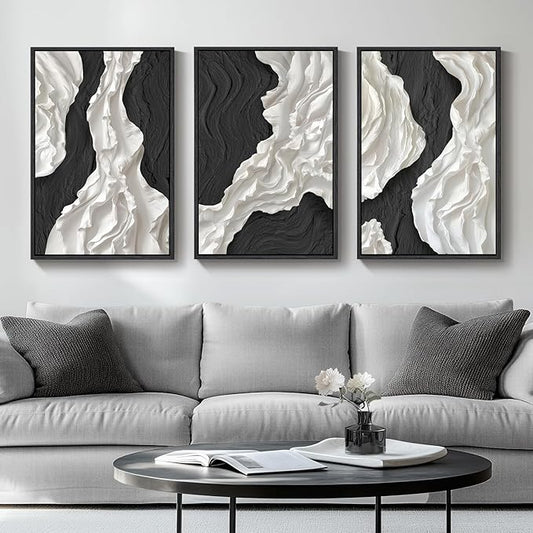 Large Framed Black and White Abstract Wall Art, 3 Piece Modern Canvas Prints Paintings Artwork for Walls, Minimalist Black White Wall Pictures for Living Room, Dining Room, Bedroom, Office Wall Decor