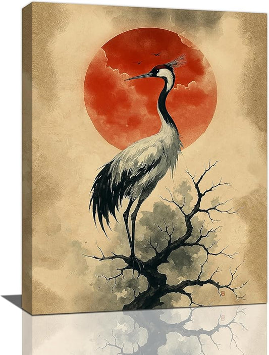 Japanese Crane Wall Art Oriental Asian Wall Decor Sandhill Crane Canvas Pictures Paintings Prints Japan Traditional Aesthetic Artwork Framed Chinese Decorations For Bedroom Living Room Office Gifts 12" x 16"