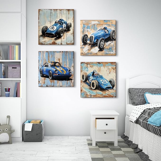 Kids Wall Art Trucks Wall Decor Rustic Farmhouse Racing Car Wall Art for Nursery Room Kindergarten Dormitory Home Decorations Cartoon Themed Vehicles Poster Toddler Boys Modern Artworks 20x20" 4 Pcs