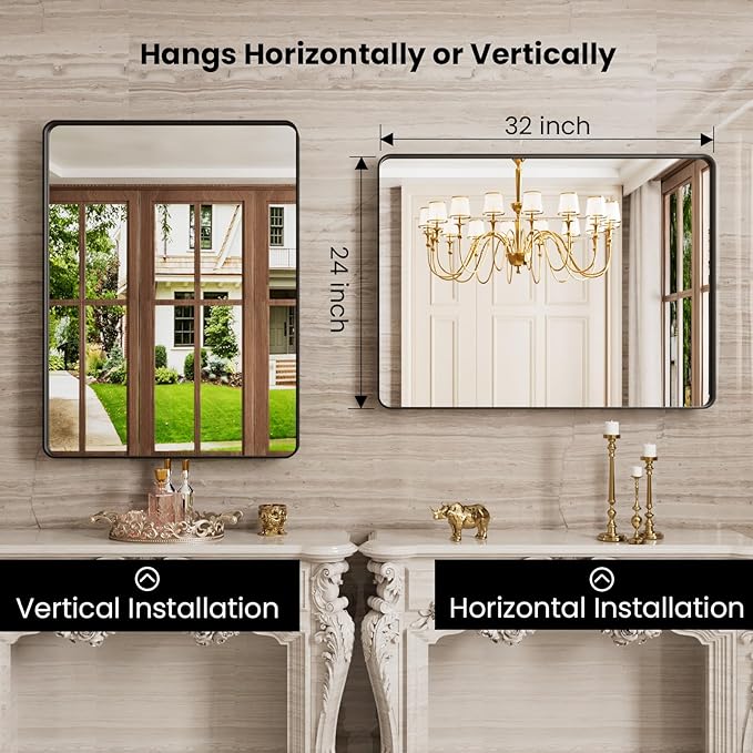 Black Bathroom Mirror, 24x32 Inch Thick Rectangle Metal Framed Wall Mirror, Modern Round Corner Bathroom Vanity Mirror for Over Sink, Bedroom, Living Room, Entryway