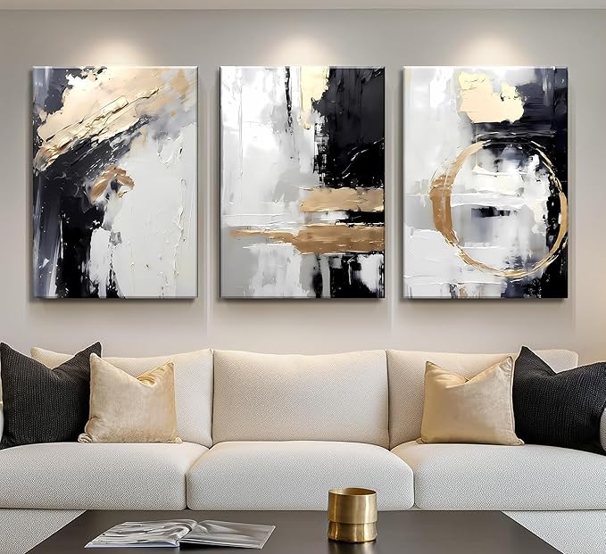 3pcs Framed Black White Gold Canvas Wall Art Abstract Geometric Textured Posters Prints Pictures Paintings with Faux Stucco Finish Modern Beige Minimalist Wall Decor for Living Room Bedroom Bathroom