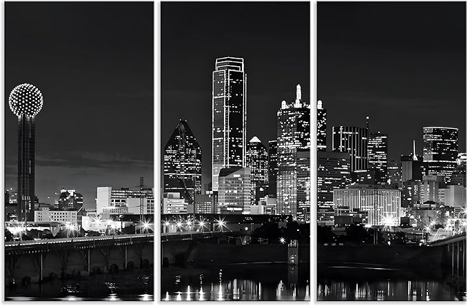 NAN Wind 3 Pcs Dallas Skyline Canvas Wall Art Black and White Cityscape Night Scene Modern City Giclee Prints on Canvas Framed Urban Home Decor Skyscrapers Picture Painting for Room Decor