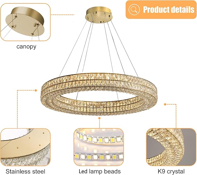 Led 24" Gold Ring Crystal Chandelier, Modern Dimmable Chandeliers Lighting and Hanging Adjustable, LED Round Ceiling Light Fixtures for Dining Room Living Room