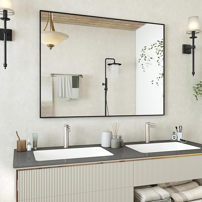 48x36 Inch Black Bathroom Mirror, Metal Framed Vanity Mirror for Wall, Anti-Rust Decorative Rectangle Mirror, Shatter-Proof Home Decor Farmhouse Mirror (Horizontal/Vertical)