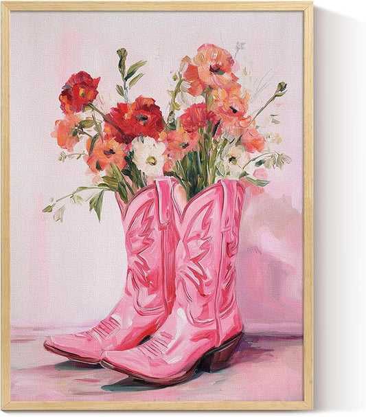 ARPEOTCY Small Framed Canvas Wall Art, 12x16in, Vintage Pink Cowgirl Boots Art, Trendy Western Wall Decor for Bedroom Coastal Room, College Girls Dorm Decor aesthetic