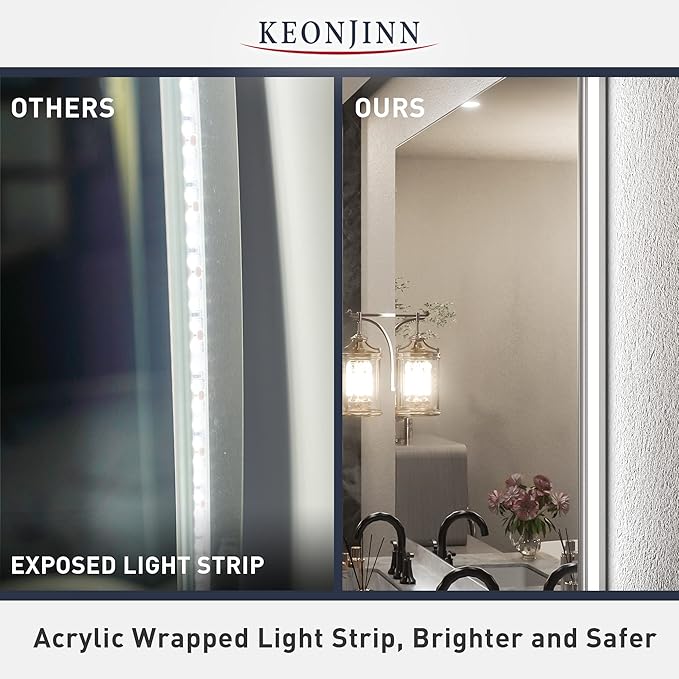 Keonjinn 48 x 28 Inch LED Bathroom Mirror with Backlit, Anti-Fog, CRI90+ HD Dimmable Vanity Mirror, High Lumen, Horizontal/Vertical Wall Mount, UL Listed Lighted Vanity Mirror, Waterproof